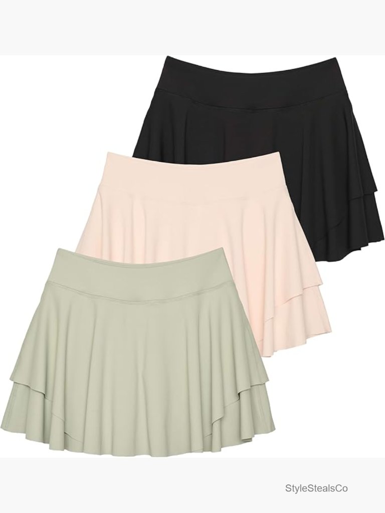 3 Pack Women's 14" Layered Ruffle Tennis Golf Skorts Pleated Mini Skirt